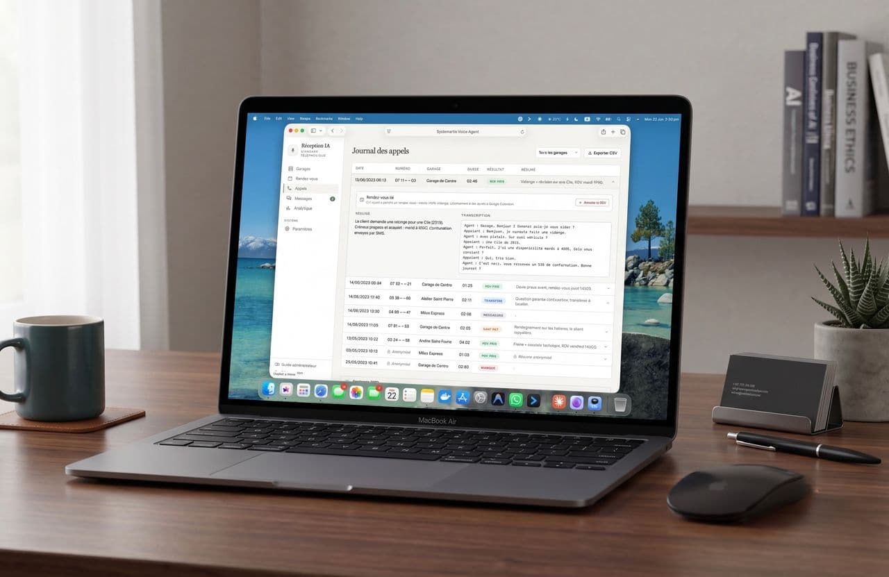 MacBook on a desk showing the AI voice agent's call log, with call outcomes and booking summaries in French