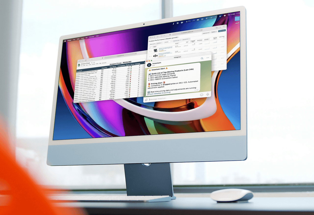 iMac mock showing Innovium marketplace pricing dashboard